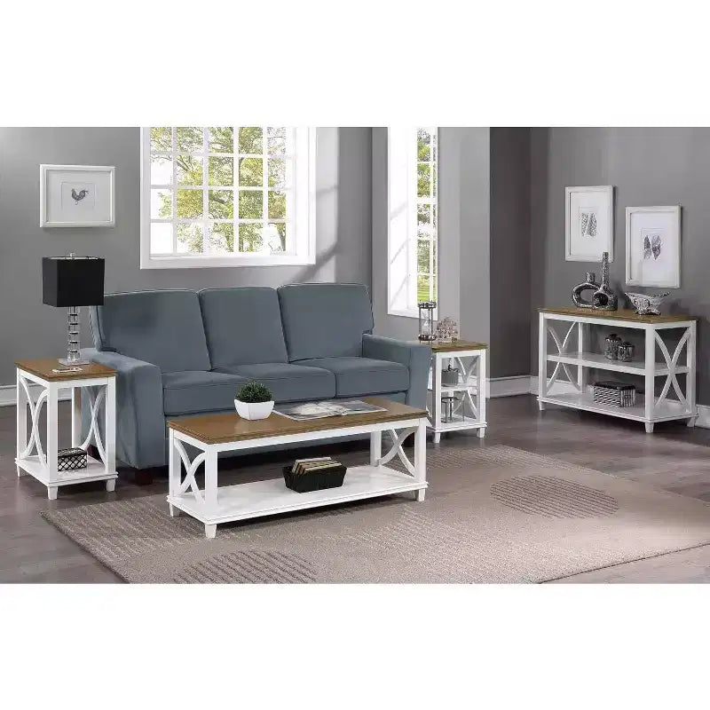 Tavolino da salotto bianco in legno con ripiani, design a X laterale, montaggio a 1 persona