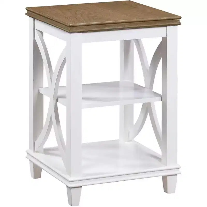 Tavolino da salotto bianco in legno con ripiani, design a X laterale, montaggio a 1 persona