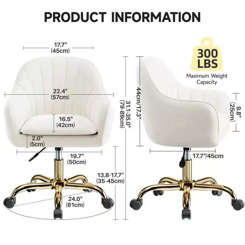 Sedia girevole da ufficio in velluto beige, regolabile in altezza, 1 persona