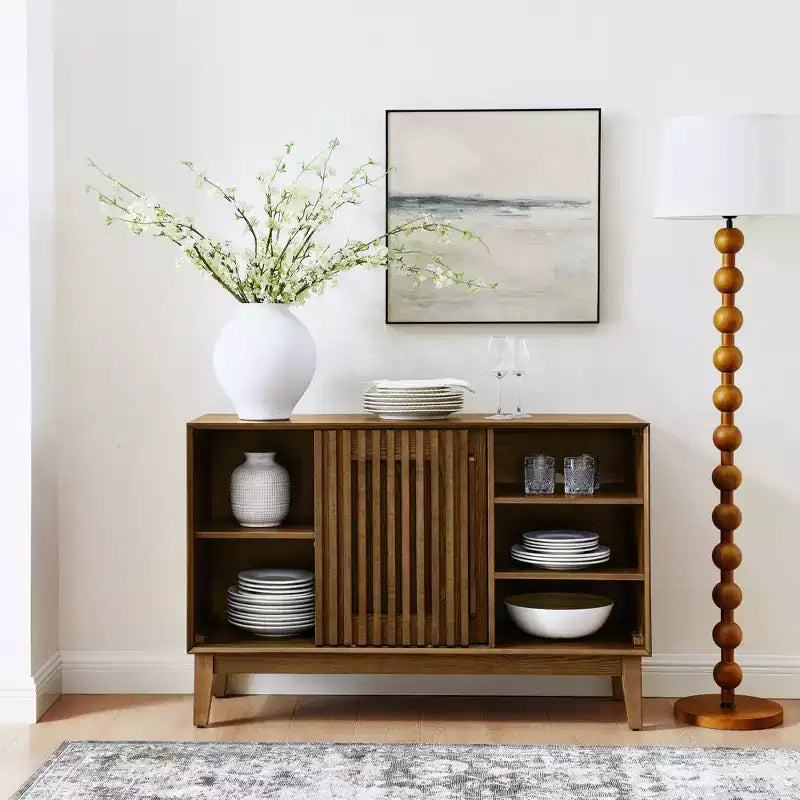 Credenza marrone scanalata a 2 ante, stile Mid-Century, assemblaggio 1 persona