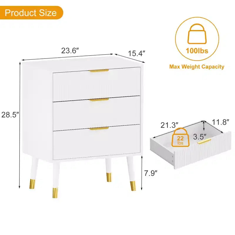 Comò a 3 cassetti a coste bianco e nero, cassettiera singola per camera da letto o soggiorno