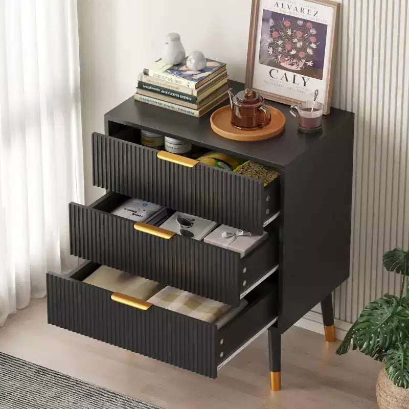 Comò a 3 cassetti a coste bianco e nero, cassettiera singola per camera da letto o soggiorno