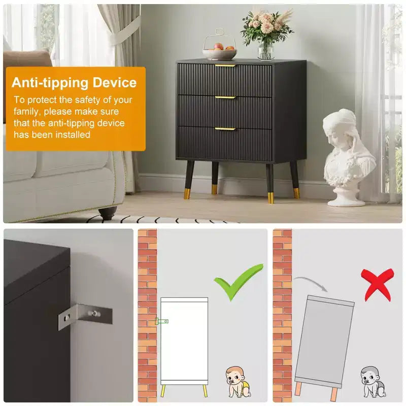Comò a 3 cassetti a coste bianco e nero, cassettiera singola per camera da letto o soggiorno