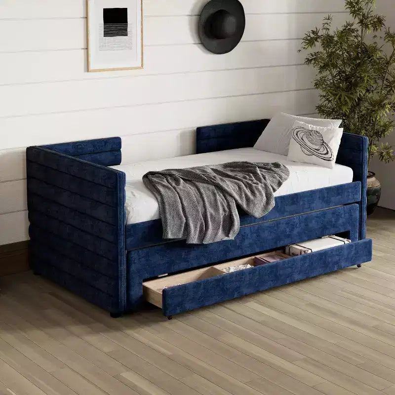 Divano letto gemello imbottito beige / blu scuro / grigio con letto estraibile e cassetti contenitore, per 1 persona