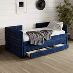 Divano letto gemello imbottito beige / blu scuro / grigio con letto estraibile e cassetti contenitore, per 1 persona