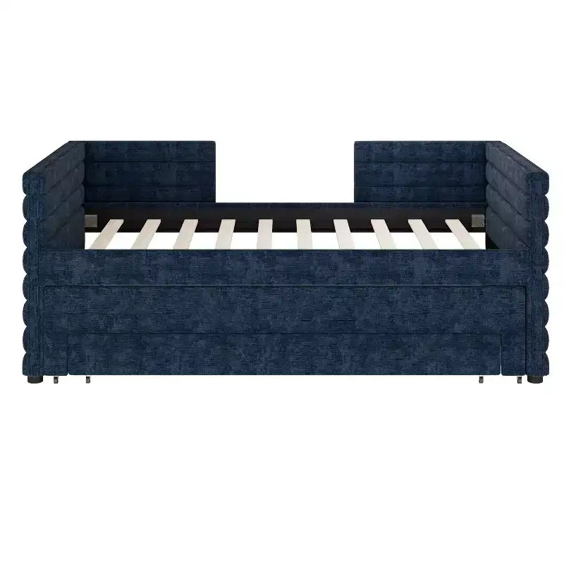 Divano letto gemello imbottito beige / blu scuro / grigio con letto estraibile e cassetti contenitore, per 1 persona
