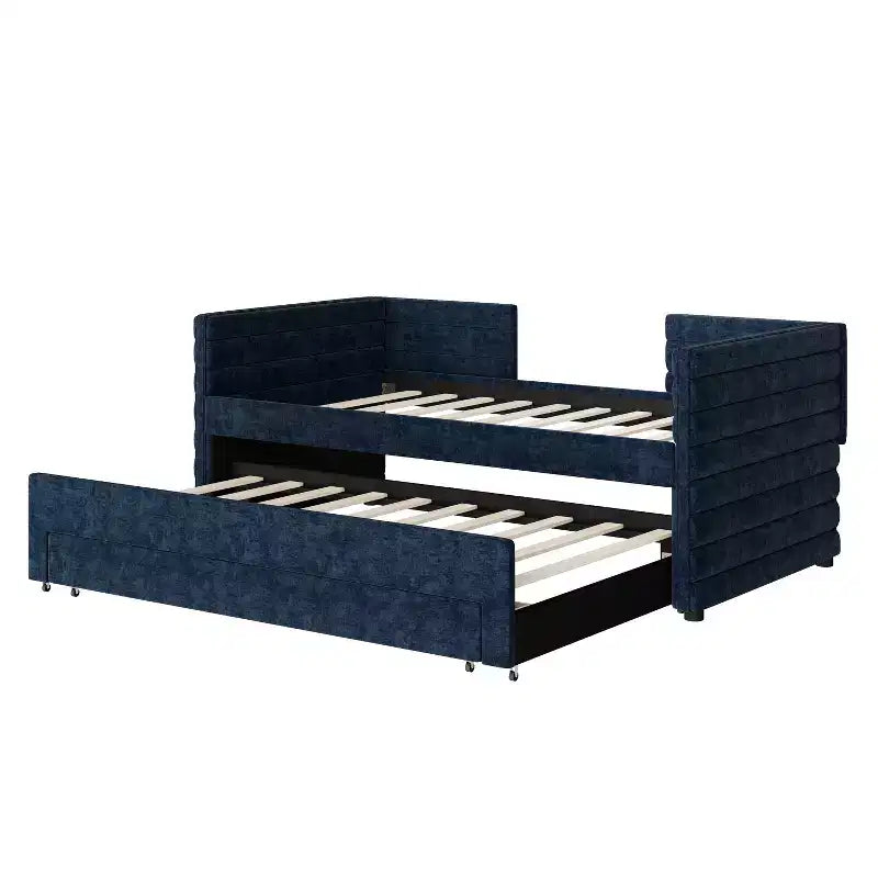 Divano letto gemello imbottito beige / blu scuro / grigio con letto estraibile e cassetti contenitore, per 1 persona