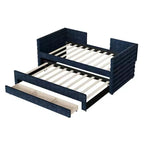 Divano letto gemello imbottito beige / blu scuro / grigio con letto estraibile e cassetti contenitore, per 1 persona