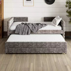 Divano letto gemello imbottito beige / blu scuro / grigio con letto estraibile e cassetti contenitore, per 1 persona