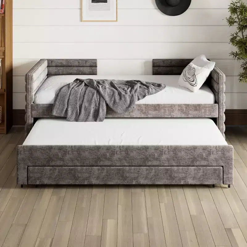Divano letto gemello imbottito beige / blu scuro / grigio con letto estraibile e cassetti contenitore, per 1 persona