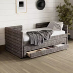 Divano letto gemello imbottito beige / blu scuro / grigio con letto estraibile e cassetti contenitore, per 1 persona