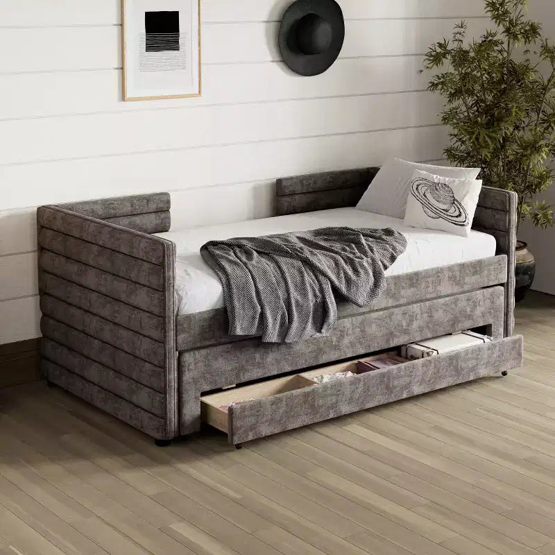 Divano letto gemello imbottito beige / blu scuro / grigio con letto estraibile e cassetti contenitore, per 1 persona