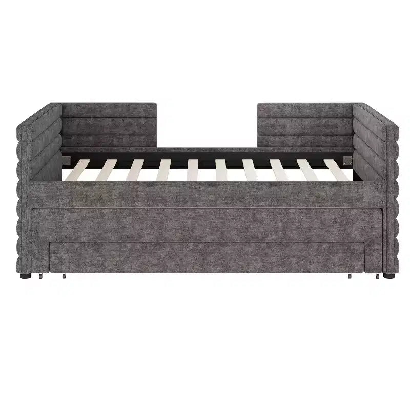 Divano letto gemello imbottito beige / blu scuro / grigio con letto estraibile e cassetti contenitore, per 1 persona