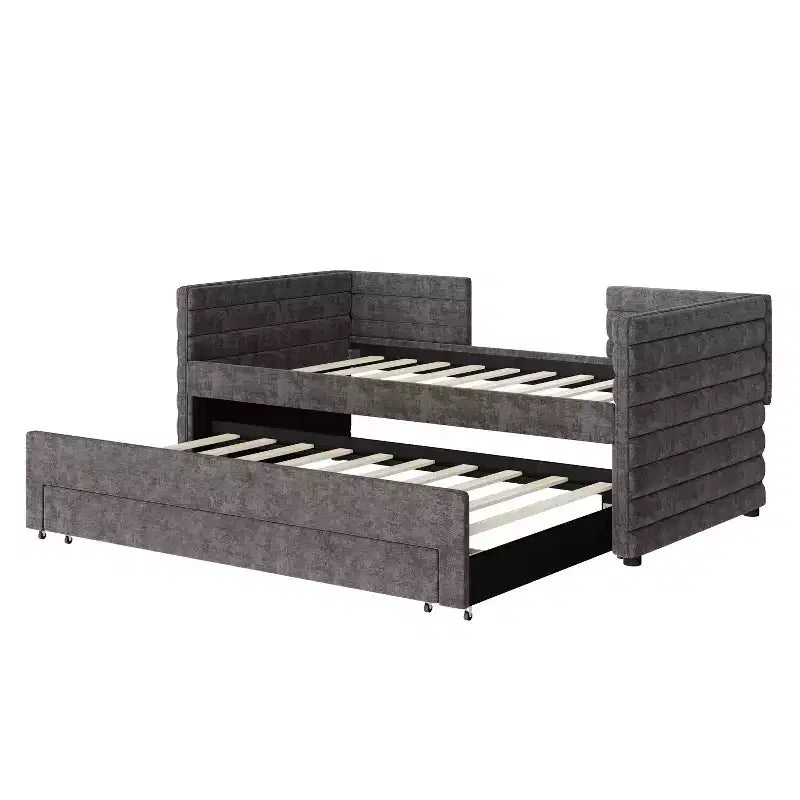 Divano letto gemello imbottito beige / blu scuro / grigio con letto estraibile e cassetti contenitore, per 1 persona