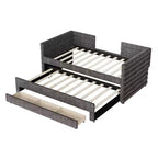 Divano letto gemello imbottito beige / blu scuro / grigio con letto estraibile e cassetti contenitore, per 1 persona