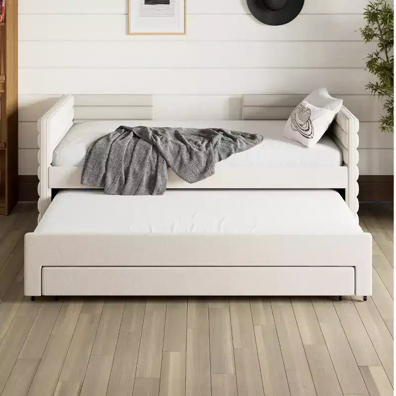 Divano letto gemello imbottito beige / blu scuro / grigio con letto estraibile e cassetti contenitore, per 1 persona