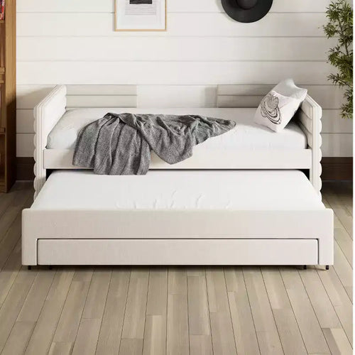 Divano letto gemello imbottito beige / blu scuro / grigio con letto estraibile e cassetti contenitore, per 1 persona
