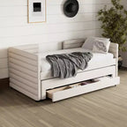 Divano letto gemello imbottito beige / blu scuro / grigio con letto estraibile e cassetti contenitore, per 1 persona