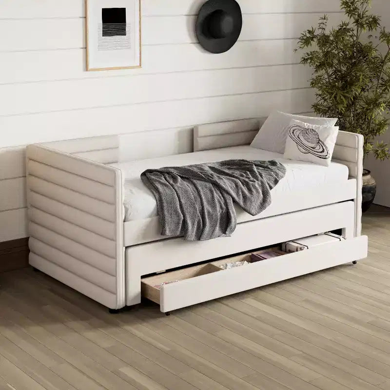 Divano letto gemello imbottito beige / blu scuro / grigio con letto estraibile e cassetti contenitore, per 1 persona