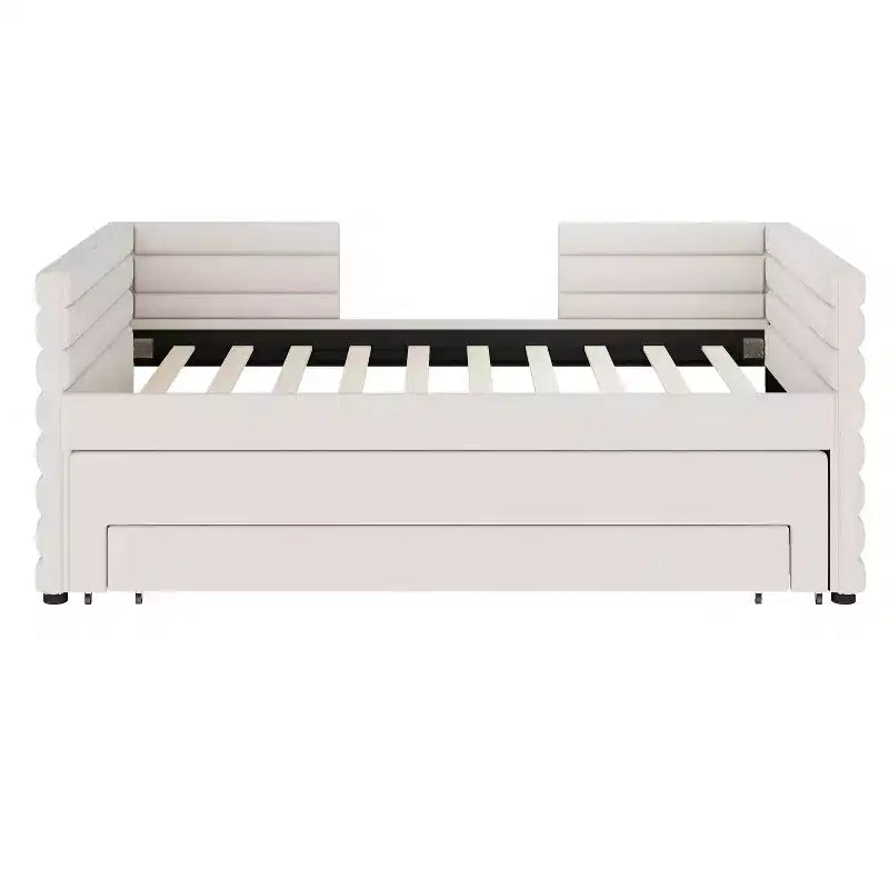 Divano letto gemello imbottito beige / blu scuro / grigio con letto estraibile e cassetti contenitore, per 1 persona