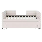 Divano letto gemello imbottito beige / blu scuro / grigio con letto estraibile e cassetti contenitore, per 1 persona