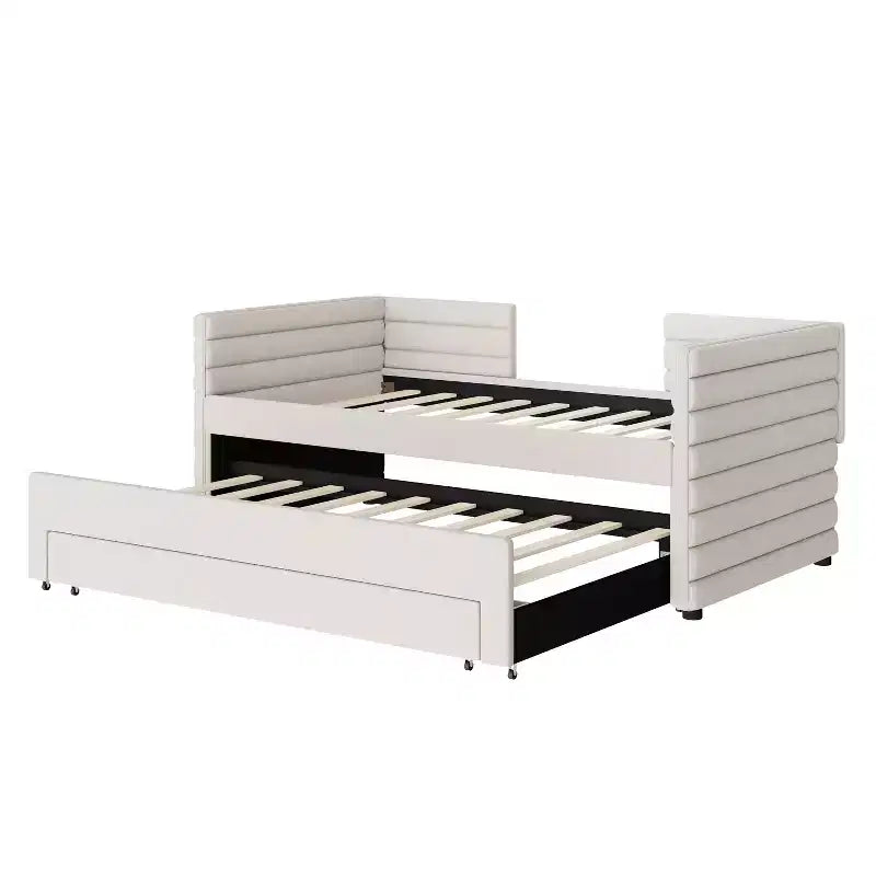 Divano letto gemello imbottito beige / blu scuro / grigio con letto estraibile e cassetti contenitore, per 1 persona