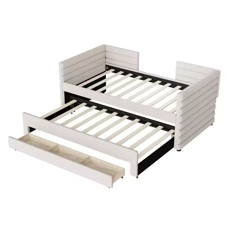 Divano letto gemello imbottito beige / blu scuro / grigio con letto estraibile e cassetti contenitore, per 1 persona