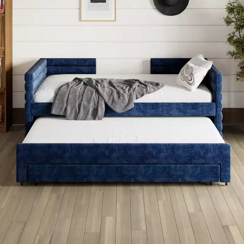 Divano letto gemello imbottito beige / blu scuro / grigio con letto estraibile e cassetti contenitore, per 1 persona