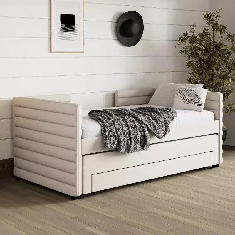 GDFStudio Alston Twin Size Upholstered Daybed with Trundle and Storage Drawers