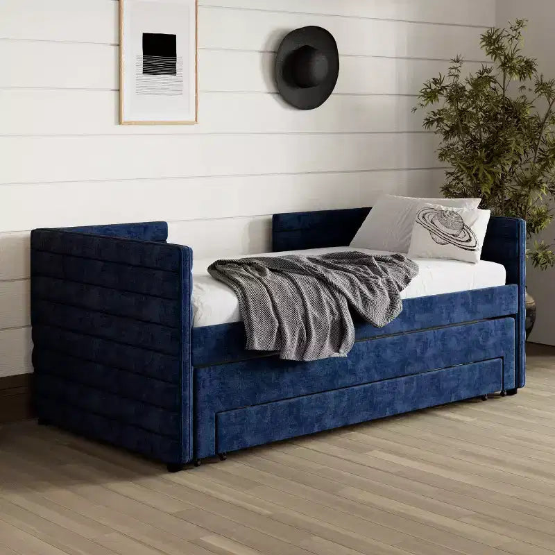 Divano letto gemello imbottito beige / blu scuro / grigio con letto estraibile e cassetti contenitore, per 1 persona