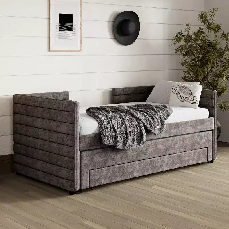 Divano letto gemello imbottito beige / blu scuro / grigio con letto estraibile e cassetti contenitore, per 1 persona