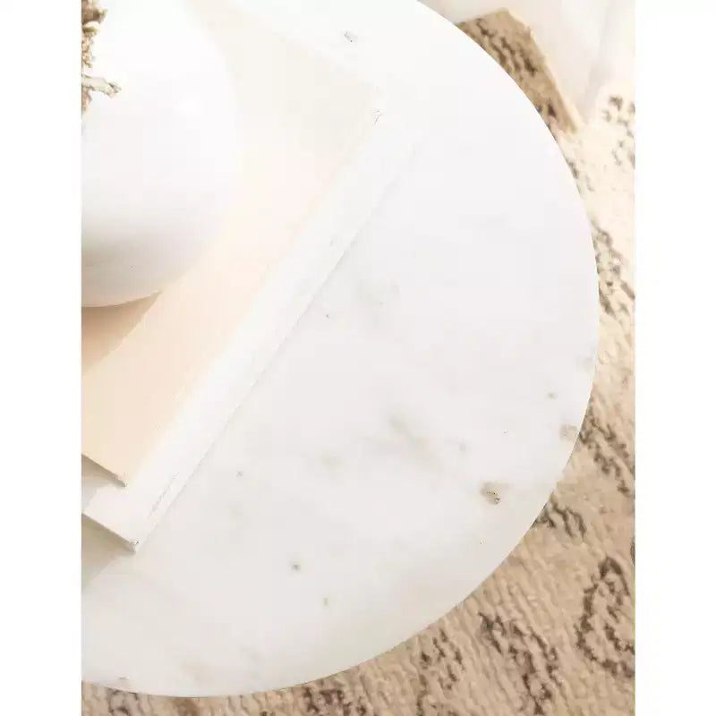 Tavolino/Tavolo d'Appoggio Tondo con Piedistallo, Piano in Marmo Bianco/Beige, 1 Pezzo