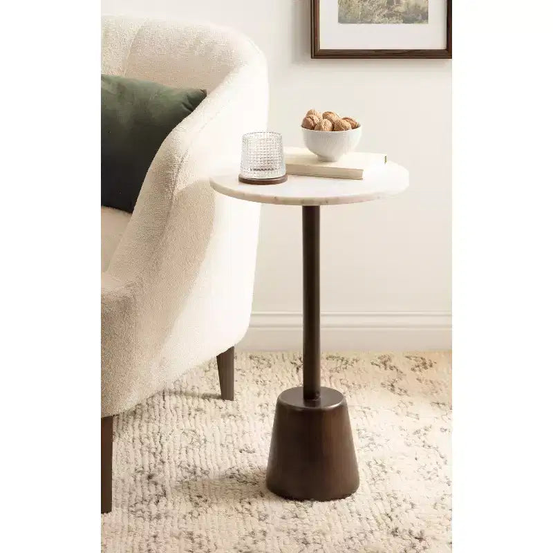 Tavolino/Tavolo d'Appoggio Tondo con Piedistallo, Piano in Marmo Bianco/Beige, 1 Pezzo