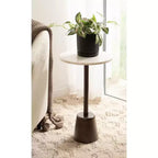 Tavolino/Tavolo d'Appoggio Tondo con Piedistallo, Piano in Marmo Bianco/Beige, 1 Pezzo