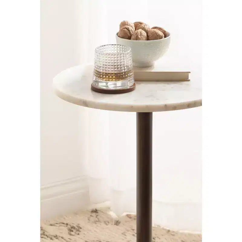 Tavolino/Tavolo d'Appoggio Tondo con Piedistallo, Piano in Marmo Bianco/Beige, 1 Pezzo
