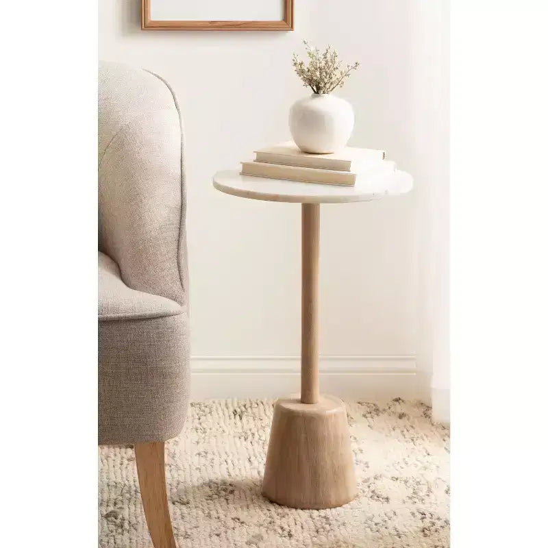 Tavolino/Tavolo d'Appoggio Tondo con Piedistallo, Piano in Marmo Bianco/Beige, 1 Pezzo