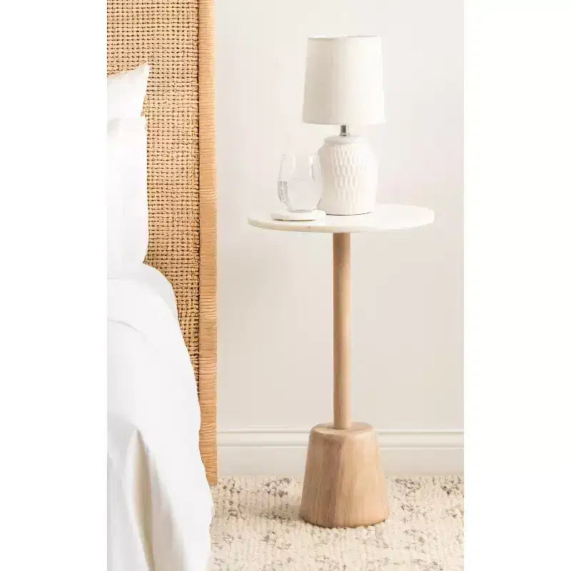 Tavolino/Tavolo d'Appoggio Tondo con Piedistallo, Piano in Marmo Bianco/Beige, 1 Pezzo
