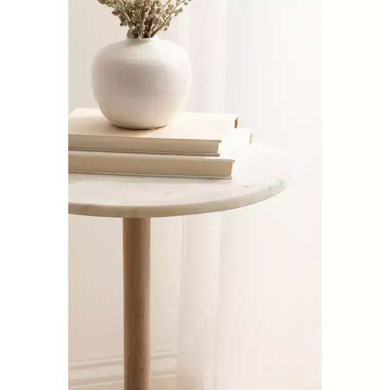 Tavolino/Tavolo d'Appoggio Tondo con Piedistallo, Piano in Marmo Bianco/Beige, 1 Pezzo