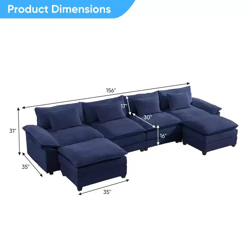 Divano componibile a U con 2 pouf, 6 posti, beige / blu scuro / grigio scuro / grigio chiaro