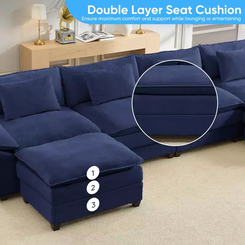 Divano componibile a U con 2 pouf, 6 posti, beige / blu scuro / grigio scuro / grigio chiaro
