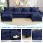 Divano componibile a U con 2 pouf, 6 posti, beige / blu scuro / grigio scuro / grigio chiaro