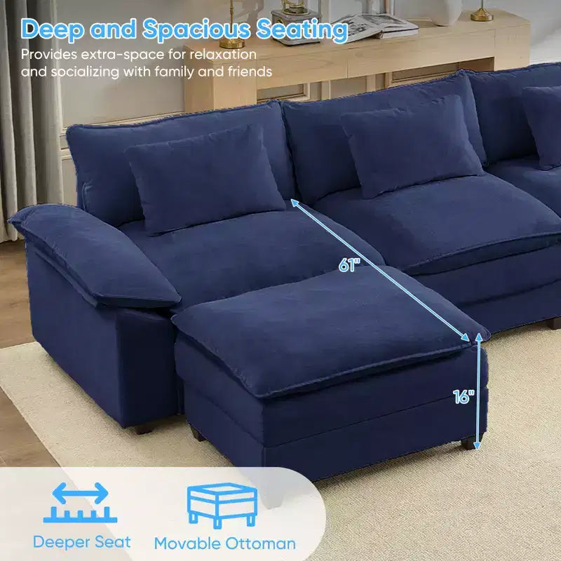 Divano componibile a U con 2 pouf, 6 posti, beige / blu scuro / grigio scuro / grigio chiaro