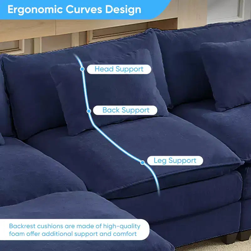 Divano componibile a U con 2 pouf, 6 posti, beige / blu scuro / grigio scuro / grigio chiaro
