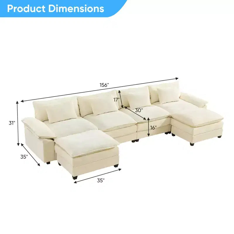 Divano componibile a U con 2 pouf, 6 posti, beige / blu scuro / grigio scuro / grigio chiaro