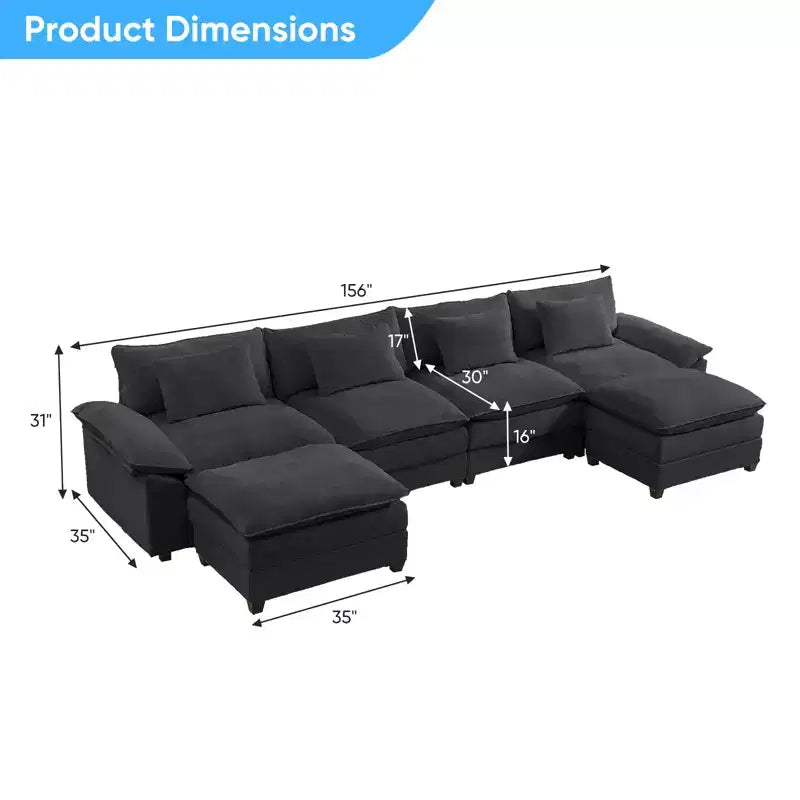 Divano componibile a U con 2 pouf, 6 posti, beige / blu scuro / grigio scuro / grigio chiaro
