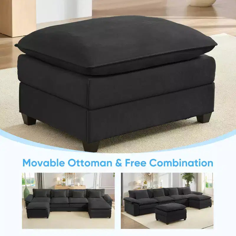 Divano componibile a U con 2 pouf, 6 posti, beige / blu scuro / grigio scuro / grigio chiaro