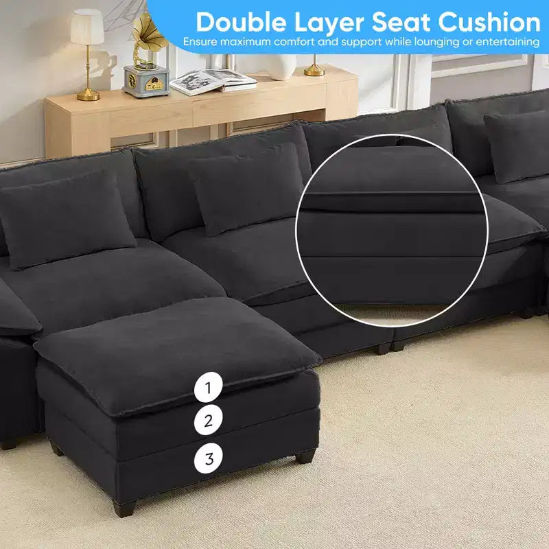 Divano componibile a U con 2 pouf, 6 posti, beige / blu scuro / grigio scuro / grigio chiaro