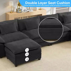 Divano componibile a U con 2 pouf, 6 posti, beige / blu scuro / grigio scuro / grigio chiaro