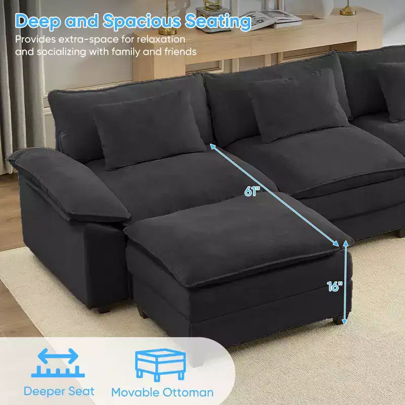 Divano componibile a U con 2 pouf, 6 posti, beige / blu scuro / grigio scuro / grigio chiaro