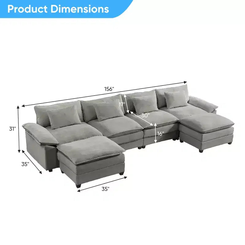 Divano componibile a U con 2 pouf, 6 posti, beige / blu scuro / grigio scuro / grigio chiaro
